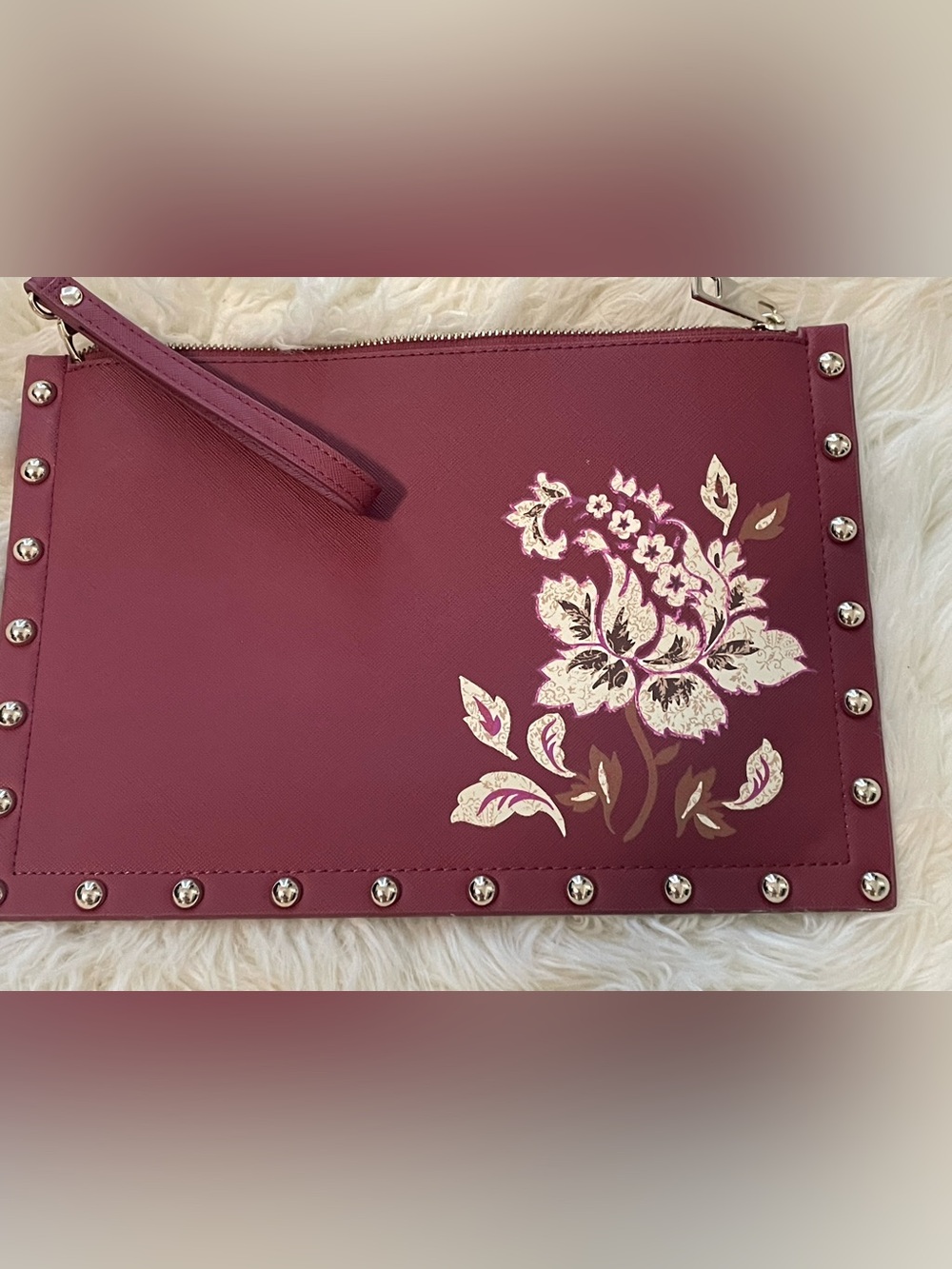 White House Black Market Leather Wine Floral Studded Wristlet